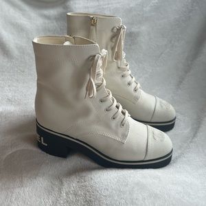 Chanel Combat Boots with CC Logo on Toe and Chanel Back Heel. Size 39 (8.5)